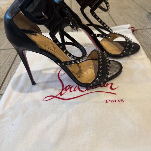 CHRISTIAN LOUBOUTIN Choca Spikes 100 Black Leather Sandals Size 7 IT 37 - Picture 9 of 11